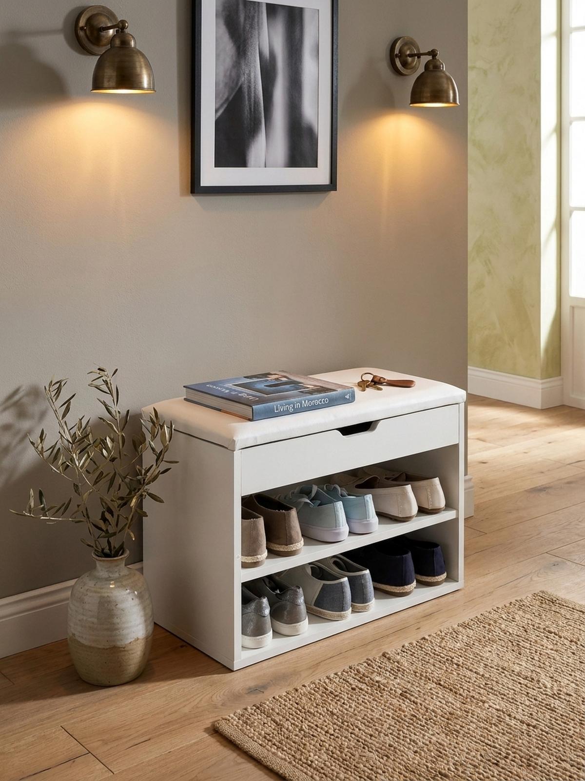 SCHUHBANK gepolstert mit Stauraum, Weiß 60x30x40 cm - Weiß, Holz/Textil (60/40/30cm) - KADIMA DESIGN