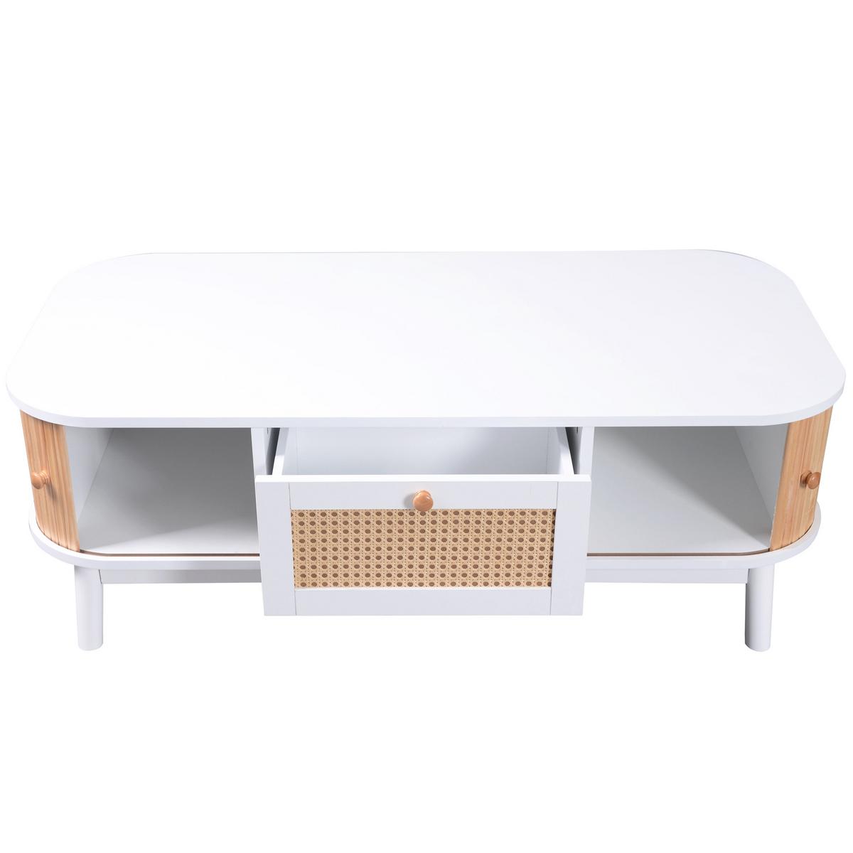 COUCHTISCH weiß & holz-optik mit rattan-schublade & massivholz-schiebetüren - Weiß, Holzwerkstoff (55/110/38.5cm) - Urban Meuble