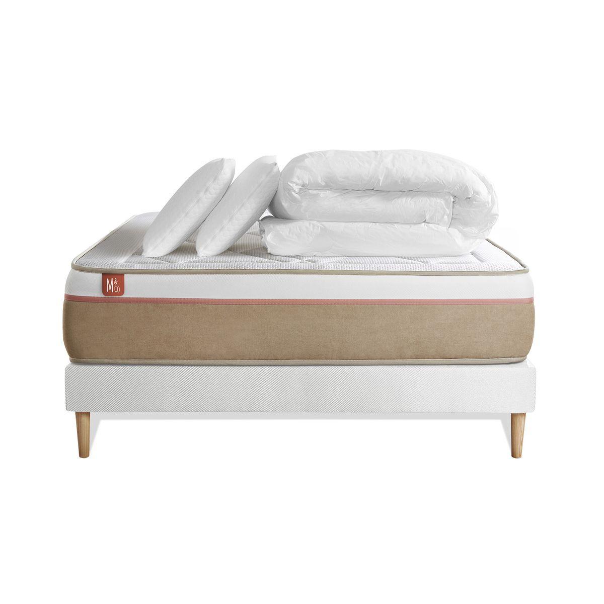 BETT Le Soyeux Taschenfederkern und Memory-Schaum 160 x 200 cm h2 - Kit Bettgestell Weiß - Mit Kissen und Bettdecke - Beige/Weiß, Karton/Holz (160/200cm) - Marmottes & Co