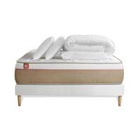 BETT Le Soyeux Taschenfederkern und Memory-Schaum 160 x 200 cm h2 - Kit Bettgestell Weiß - Mit Kissen und Bettdecke - Beige/Weiß, Karton/Holz (160/200cm) - Marmottes & Co