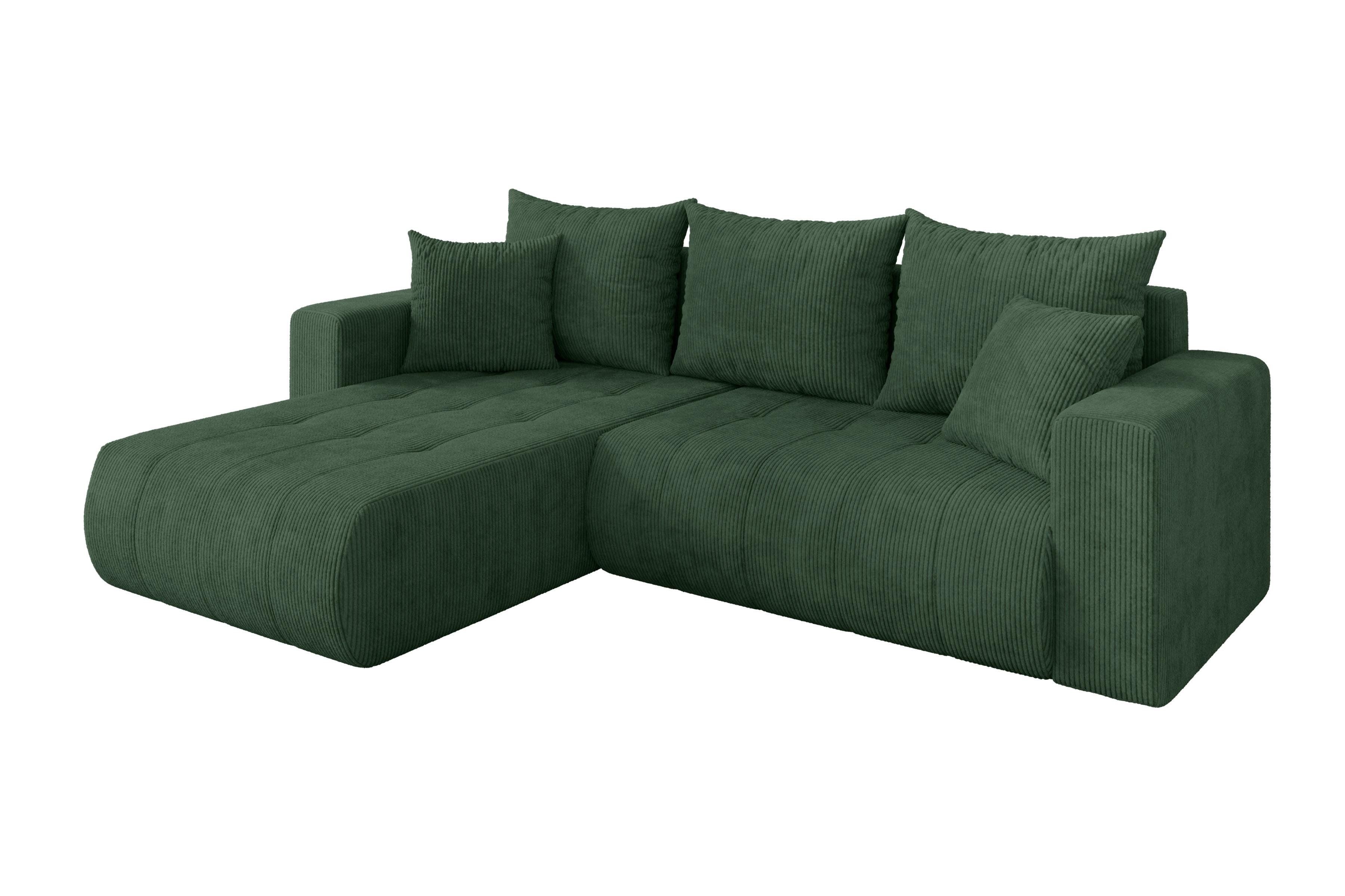 ECKSOFA mit Schlaffunktion Ottomane Links MILA-L 277x194x86 Grün Cord - Dunkelgrün/Schwarz, Holzwerkstoff/Kunststoff (277/194cm) - ALTDECOR