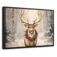 LEINWAND Bilder mit Rahmen - Weihnachten - Rentier - Winter - Kranz - 60x40 - Naturfarben, Textil (60/40cm) - MuchoWow