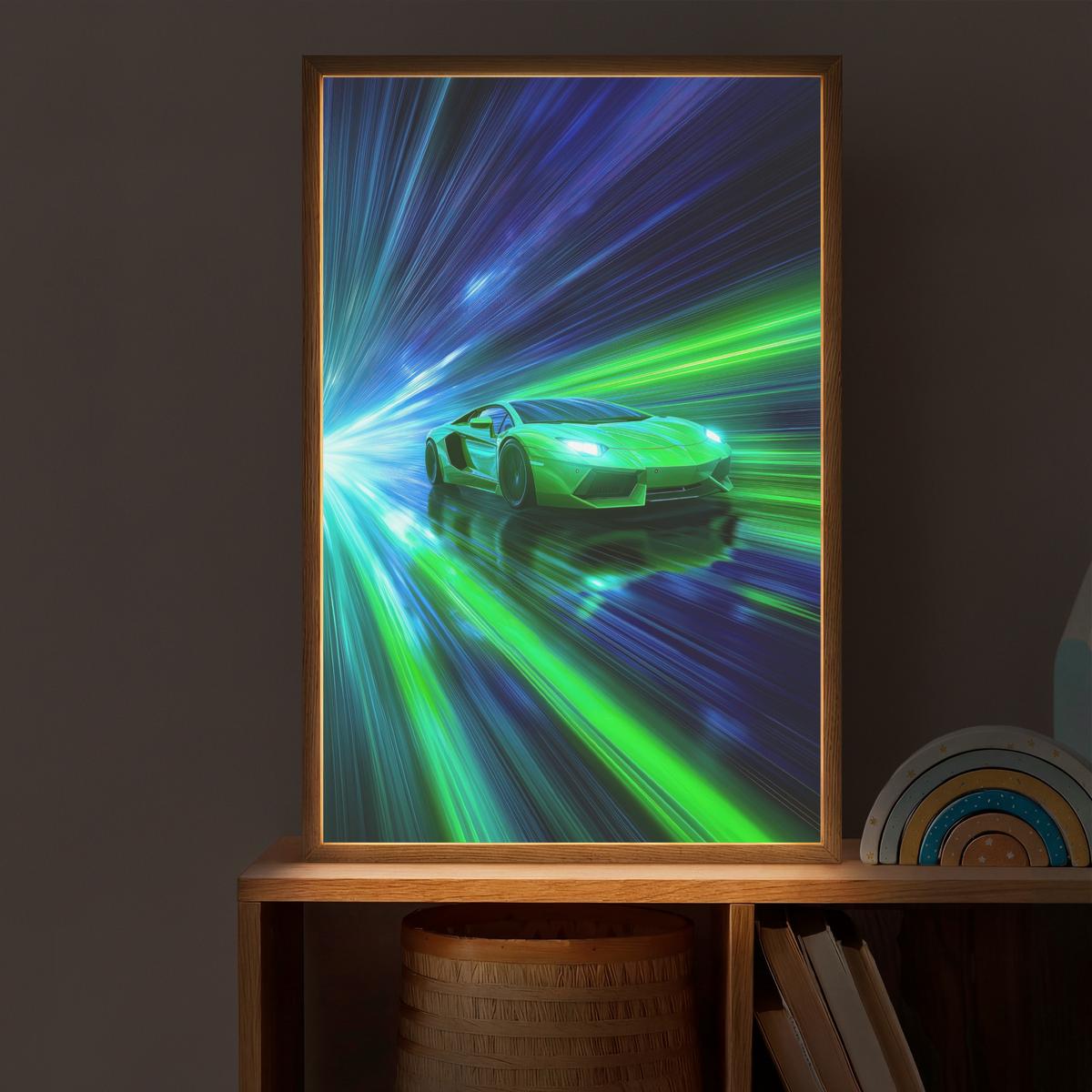 WANDLEUCHTE MIT AKKU Geschwindigkeit - Leicht - Sportwagen - Grün 40x60 cm - Grün, Holzwerkstoff (40/60/8cm) - OnlyWow