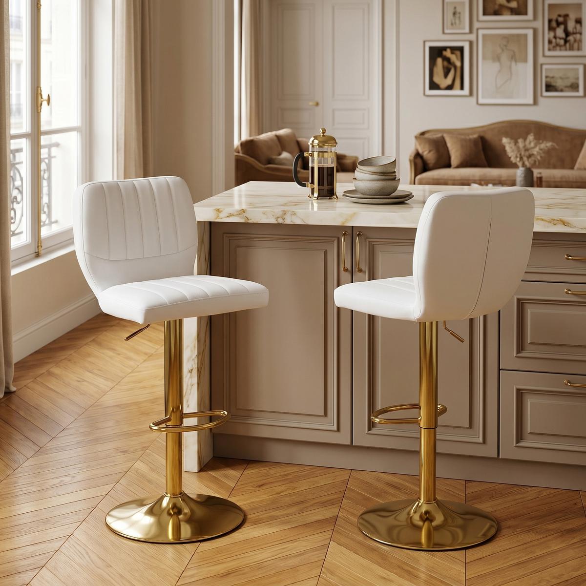 BARHOCKER 2ER-SET aus Kunstleder in Weiß und Gold, höhenverstellbar und 360° drehbar - Weiß, Leder (52/62/45cm) - Urban Meuble