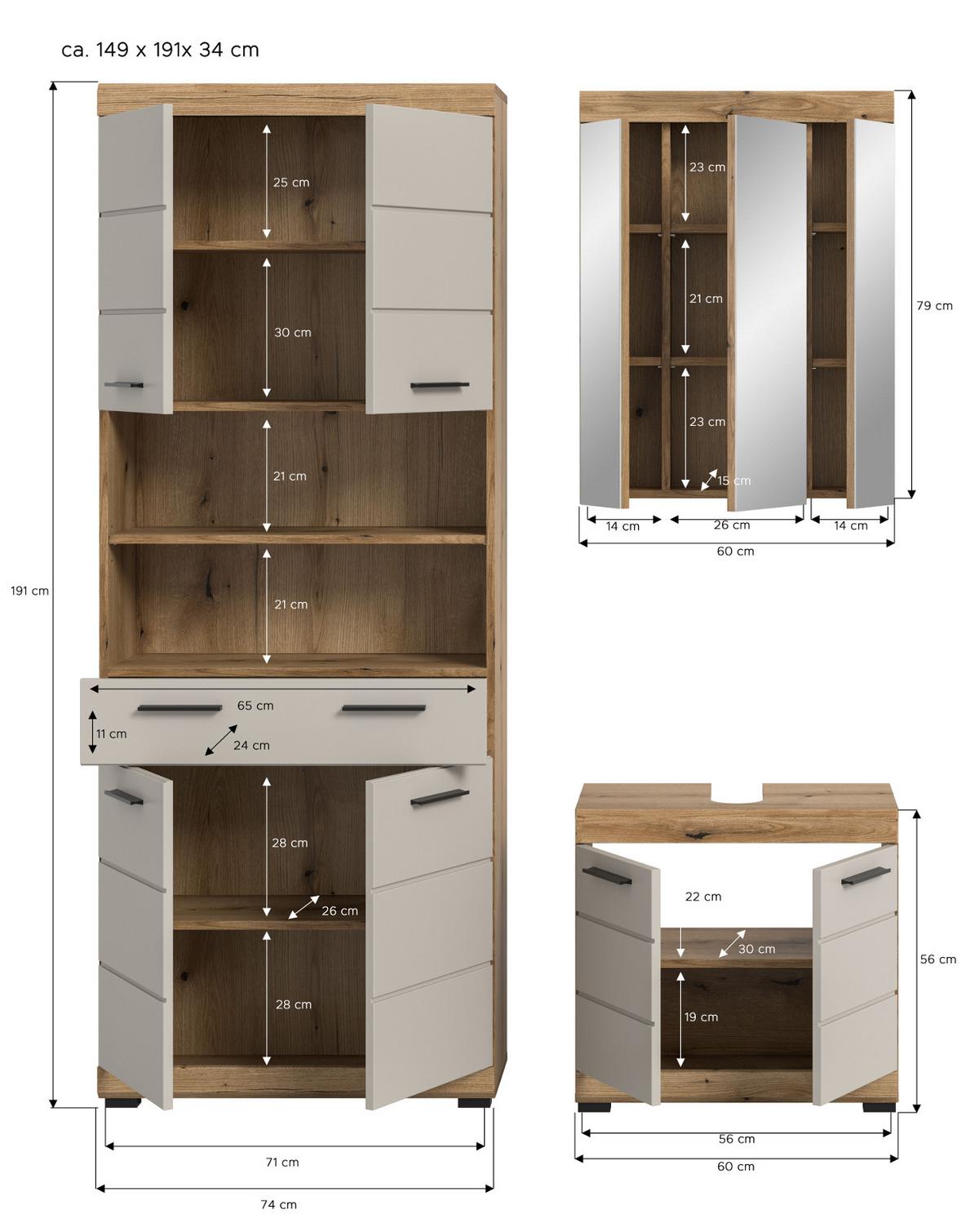 BADMÖBEL-SET Sand Kaschmir, Evoke Eiche, Badkombination 3-teilig 149 cm, viel Stauraum - Kaschmir/Eichefarben, Glas/Holzwerkstoff (149/191/34cm) - Inn.Furn