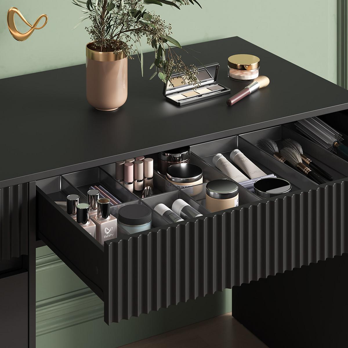 SCHMINKTISCH Allia Schwarz 120 cm mit Hocker - Schwarz, Holzwerkstoff (120/76/55cm) - Livinity®