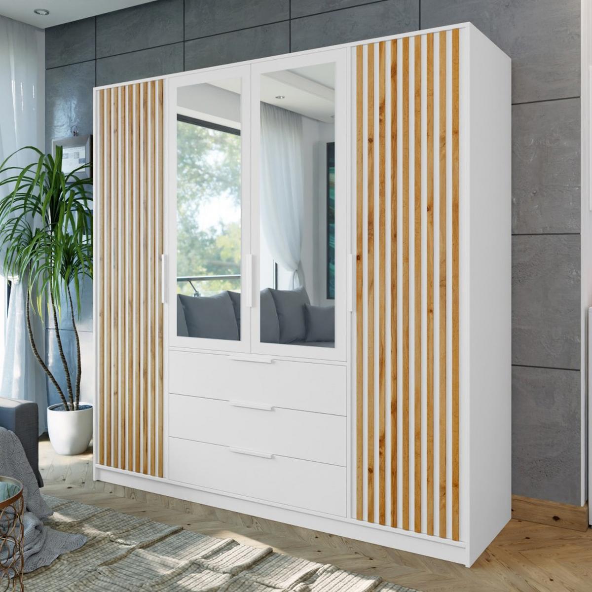 DREHTÜRENSCHRANK Bueno Lux mit 4 Türen und 3 Schubladen, Weiß - Weiß, Holzwerkstoff (196/200/58cm) - Beautysofa