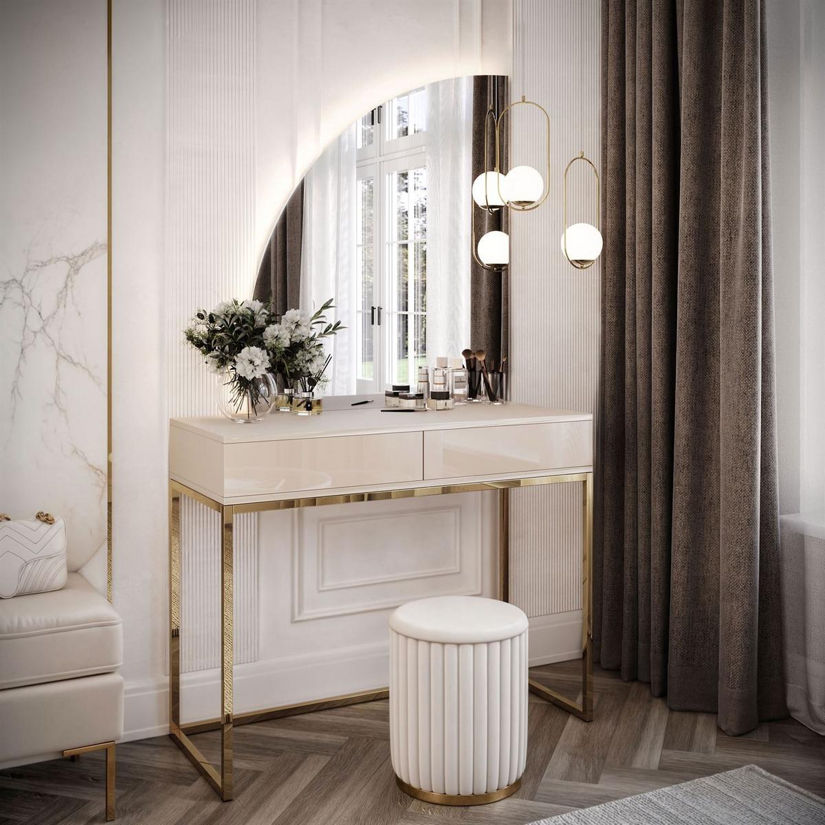 SCHMINKTISCH QUINNIE KASCHMIR mit LED-Spiegel gold Chrom links PUSH OPEN - Kaschmir/Goldfarben, Holzwerkstoff (100/175/42cm) - Lookway