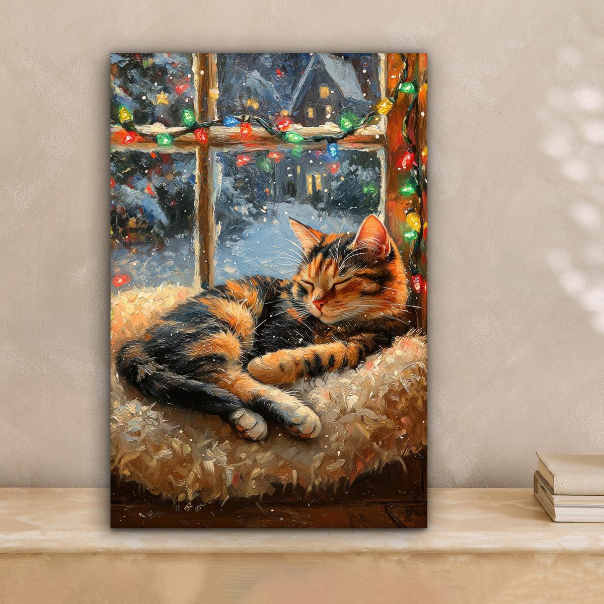 LEINWANDBILD Katze - Weihnachten - Winter - Tier Deko Wohnzimmer 20x30 cm - Bernsteinfarben, Textil (20/30cm) - MuchoWow