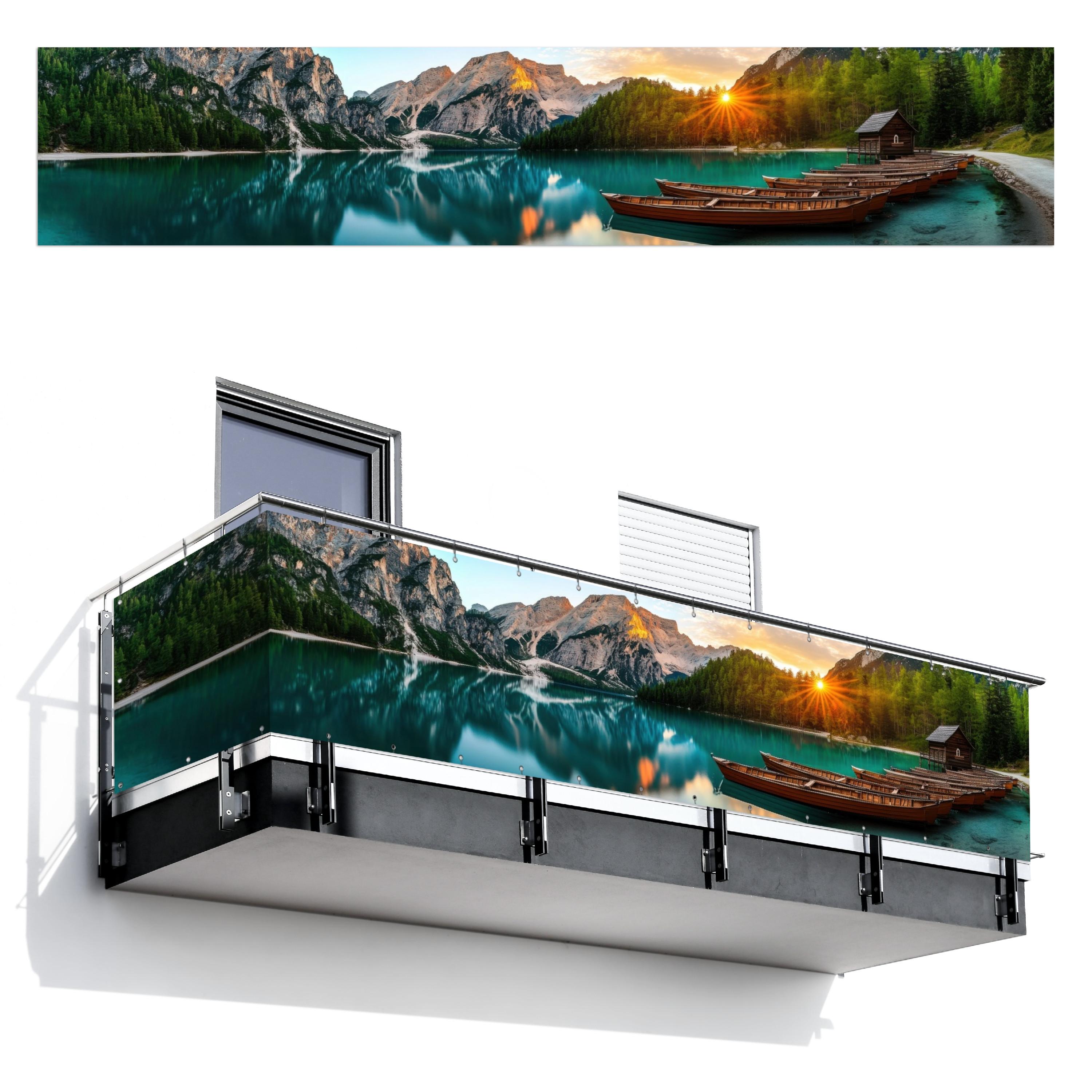BALKON-SICHTSCHUTZ See - Berge - Sonnenuntergang - Boot Groß 500x95 cm - Petrol, Kunststoff (500/95cm) - MuchoWow