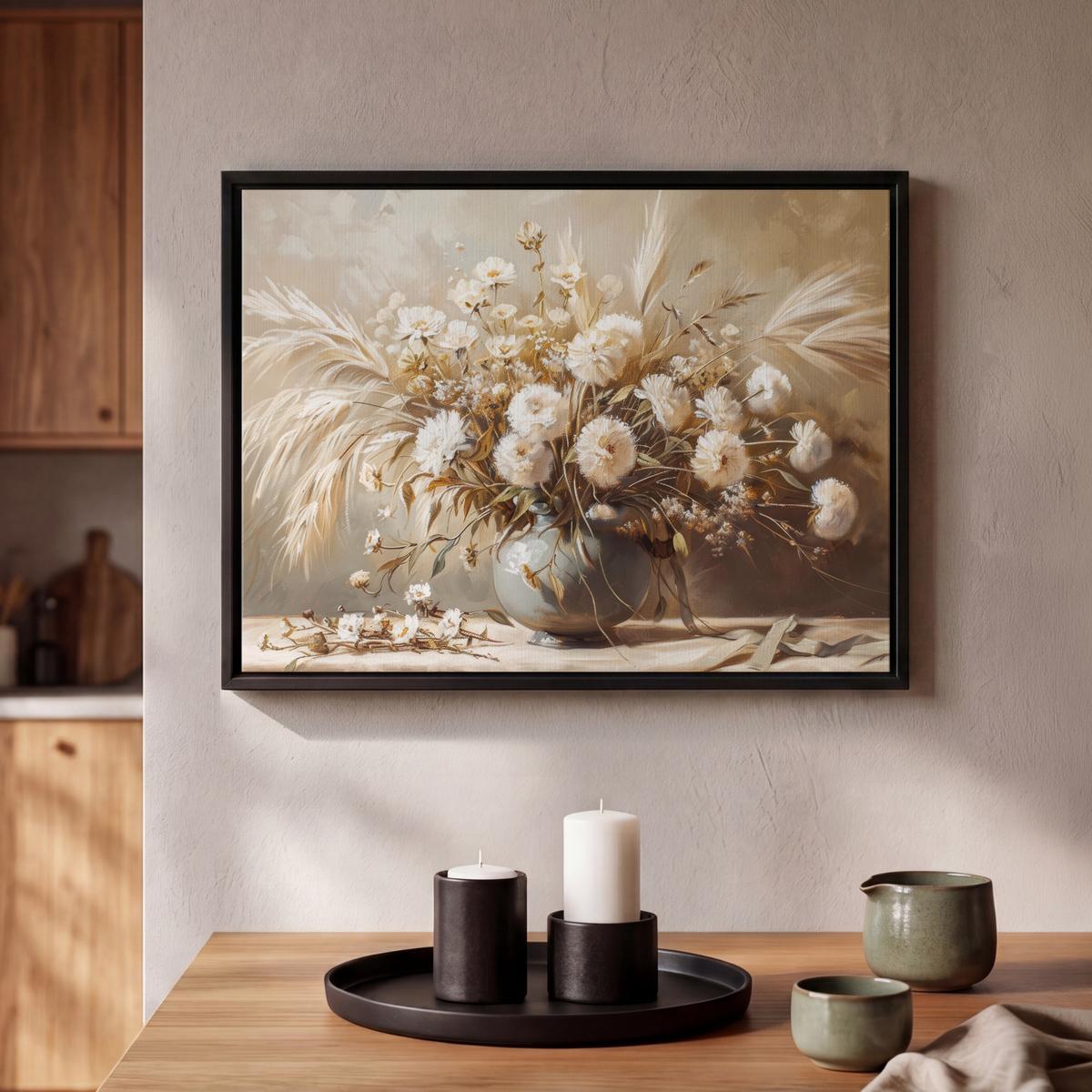 LEINWAND Bilder mit Rahmen - Blumen - Vase - Stilleben - Beige - 40x30 - Creme, Textil (40/30cm) - MuchoWow