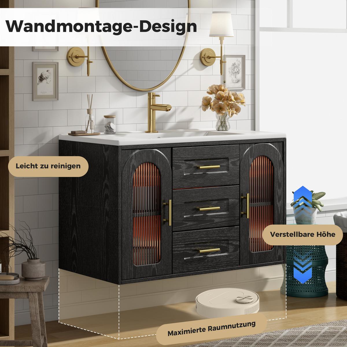 WASCHTISCHUNTERSCHRANK Wandhängend Schwarz mit LED, geriffeltem Glas & Schubladen - Schwarz, Holzwerkstoff (76/55/46cm) - Urban Meuble