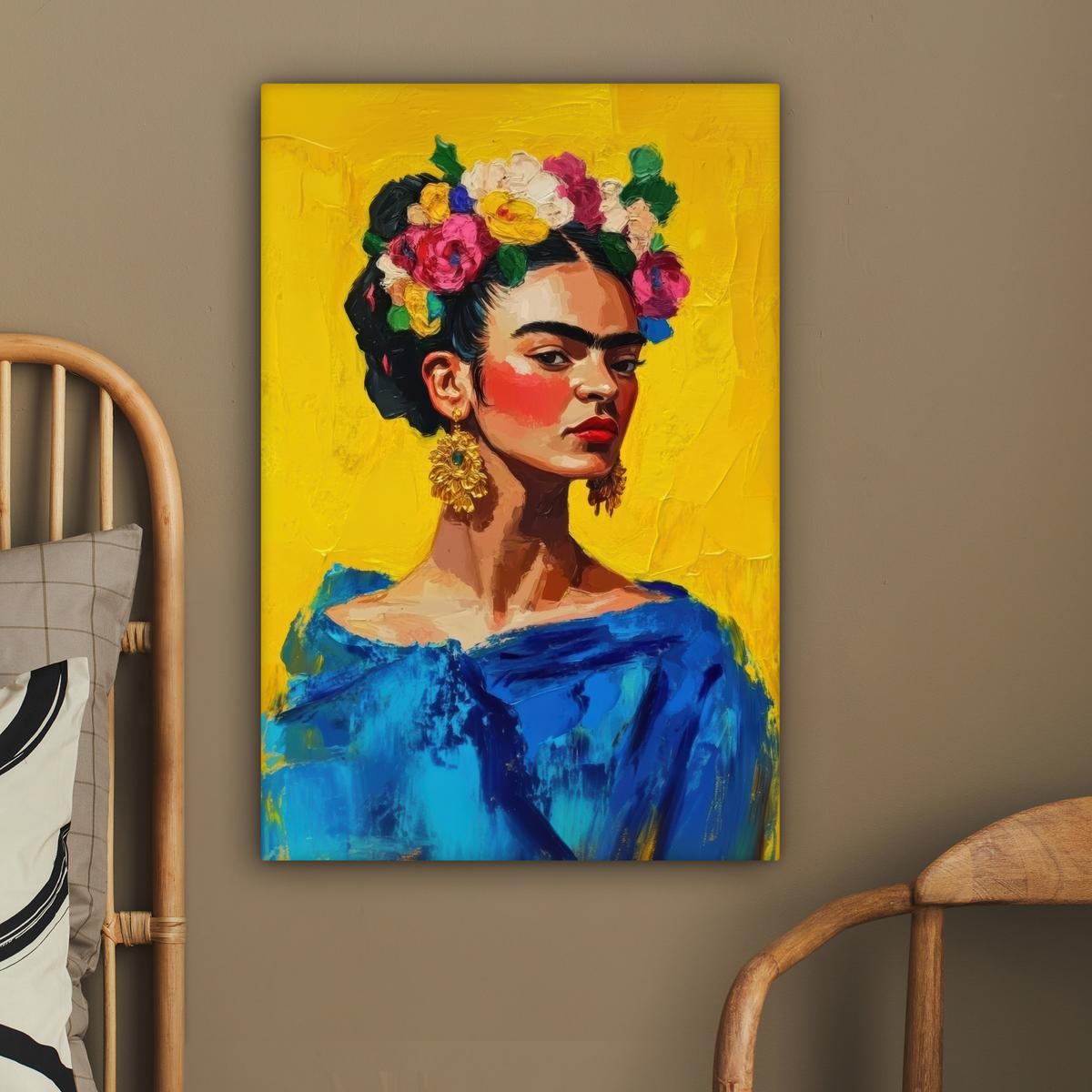 LEINWANDBILD Frida Kahlo - Frau - Gelb - Blau - Blumen Wanddeko 40x60 cm - Gelb, Textil (40/60cm) - MuchoWow