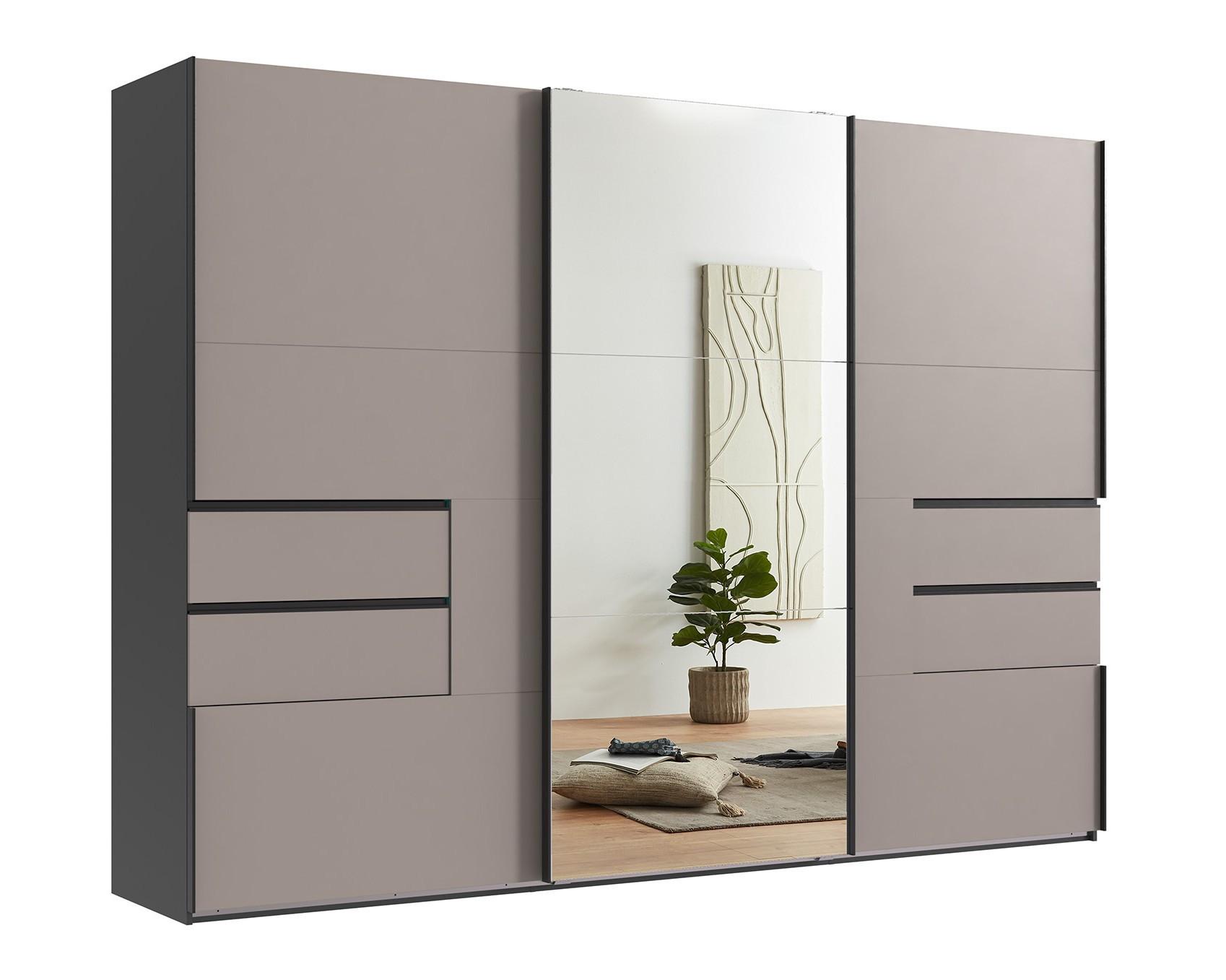 SCHWEBETÜRENSCHRANK 3-türig B300/H216/T65 cm, Korpus Grafit, Türen & Schubladen Sandgrau / Spiegel, Kleiderschrank inkl. Vollausstattung / 22057 - Sandfarben/Bordeaux, Holzwerkstoff/Metall (300/216/65cm) - luma-home