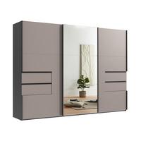 SCHWEBETÜRENSCHRANK 3-türig B300/H216/T65 cm, Korpus Grafit, Türen & Schubladen Sandgrau / Spiegel, Kleiderschrank inkl. Vollausstattung / 22057 - Sandfarben/Bordeaux, Holzwerkstoff/Metall (300/216/65cm) - luma-home