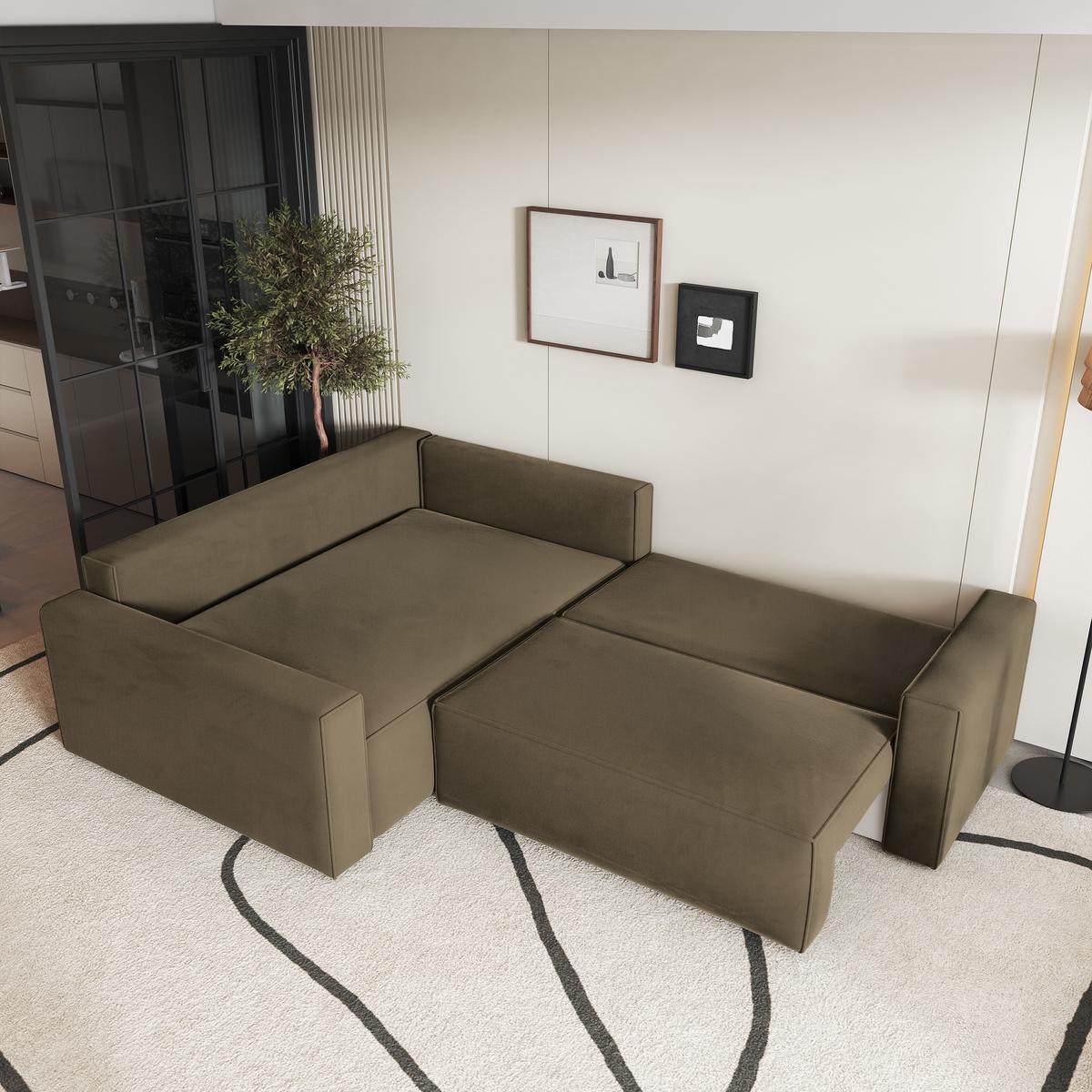 ECKSOFA ERONIS L-S Beige Velours-Stoff mit Schlaffunktion - Beige, Holz (265/194cm) - MASSENO