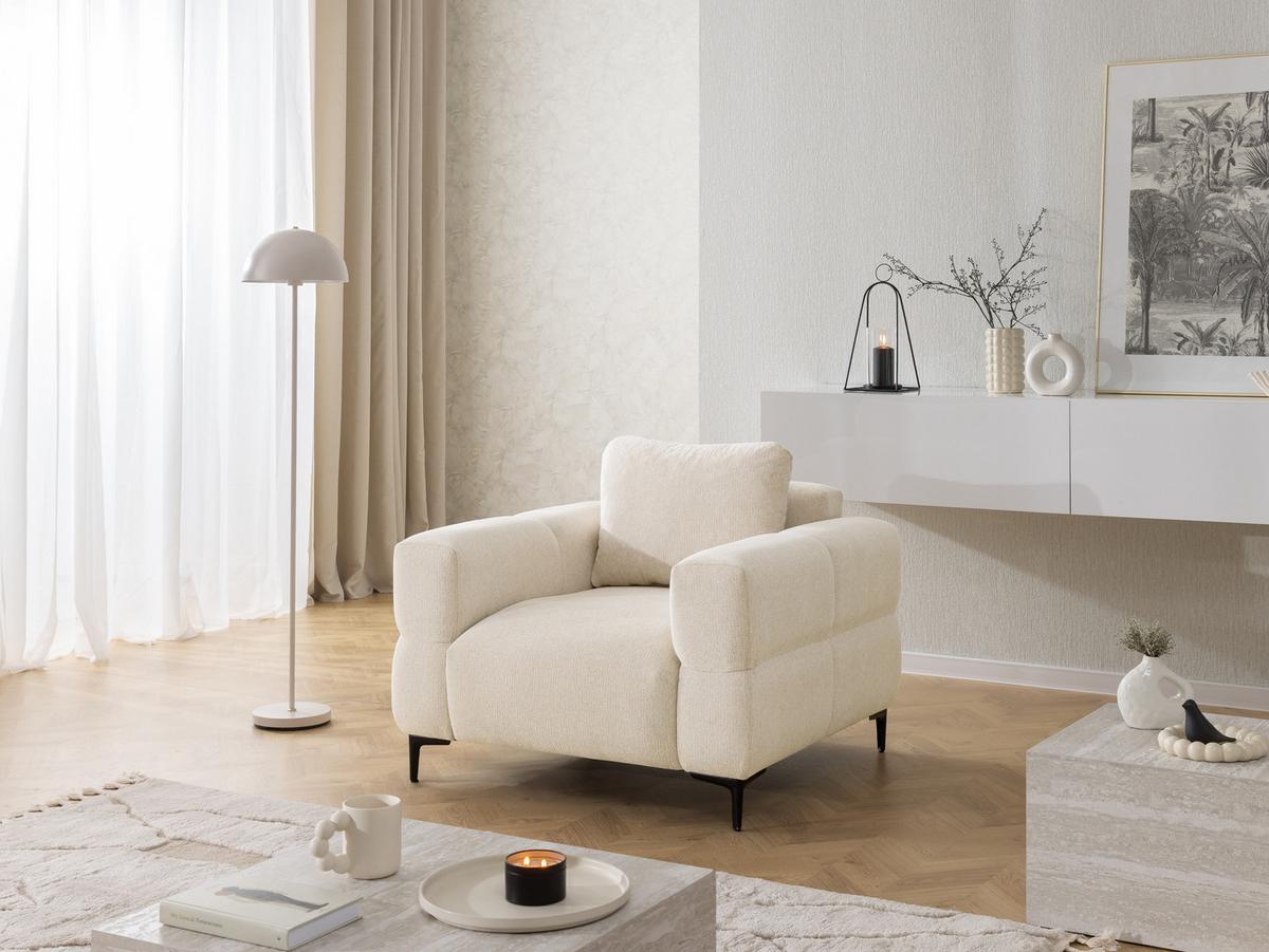 SESSEL Cardea in Bubble-Optik aus weichem Hellbeige Strukturstoff mit hohem Sitzkomfort - Beige/Schwarz, Holz/Textil (102/80/97cm) - S-Style Möbel