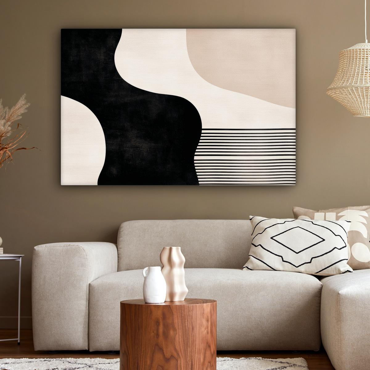LEINWANDBILD Abstrakt - Japandi - Beige - Modern Groß 140x90 cm - Schwarz, Textil (140/90cm) - MuchoWow