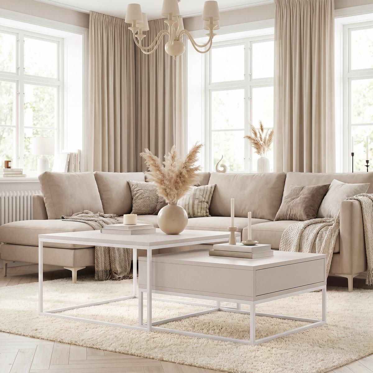 COUCHTISCH-SET ELEGANT 70/60 cm quadratischer, Weiß / Kaschmir - Kaschmir/Weiß, Holzwerkstoff/Metall (70/70/42cm) - Idohome