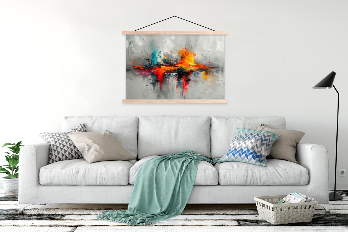 POSTER MIT MAGNETLEISTEN Moderne Kunst - Orange - Grau - Abstrakt Magnetleiste 120x80 cm - Hellgrau, Textil (120/80/0.15cm) - MuchoWow
