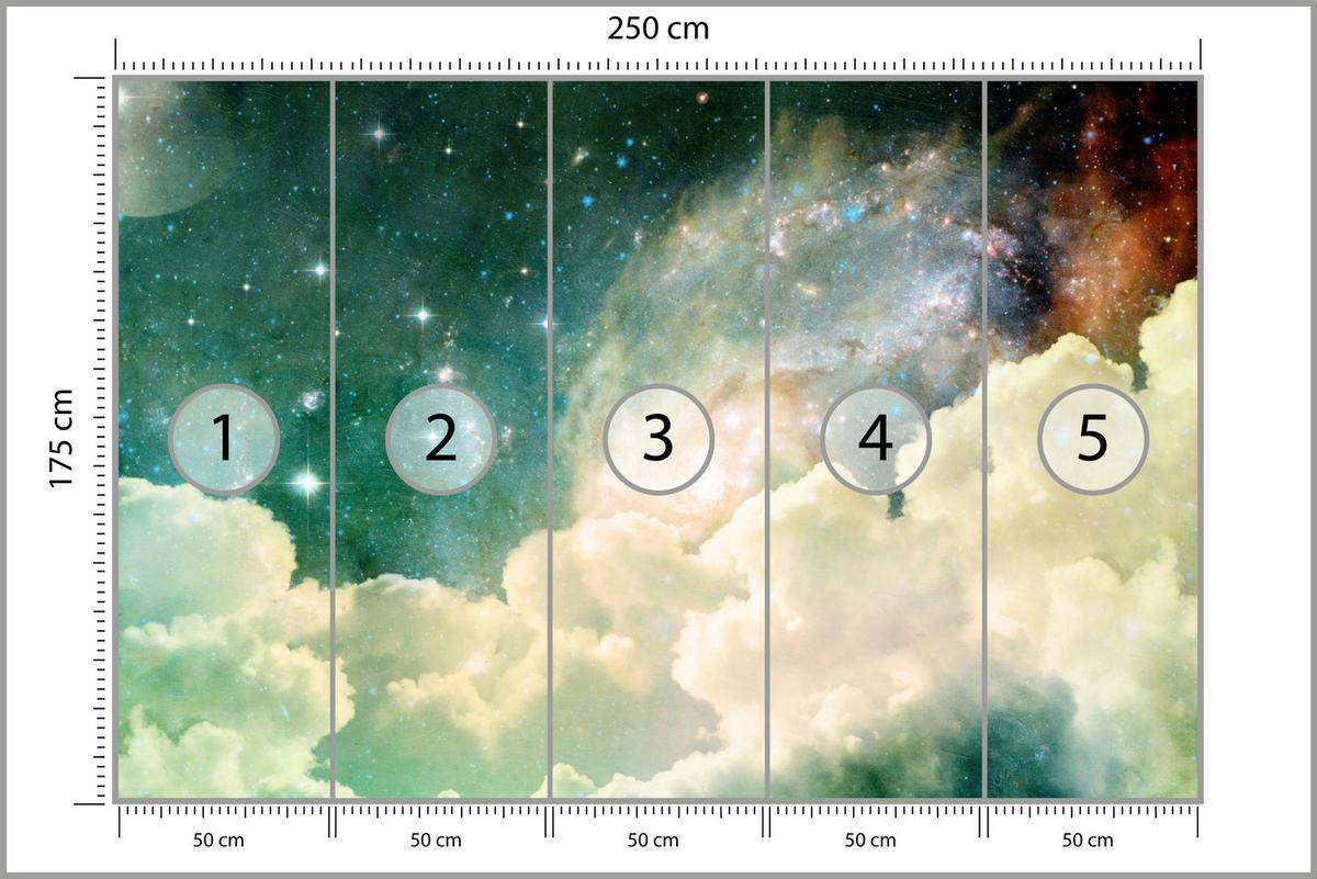 FOTOTAPETE für Kinderzimmer Kosmische Nebelwolken Sterne Galaxie Mystisch 250x175 - Türkis/Pastellgrün, Papier (250/175cm) - Muralo