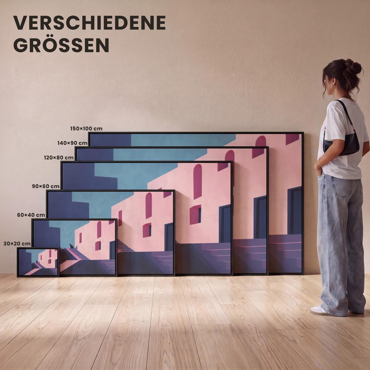 LEINWAND Bilder mit Rahmen - Katze - Treppe - Gebäude - Schattenkontraste - 30x20 - Dunkelblau, Textil (30/20cm) - MuchoWow