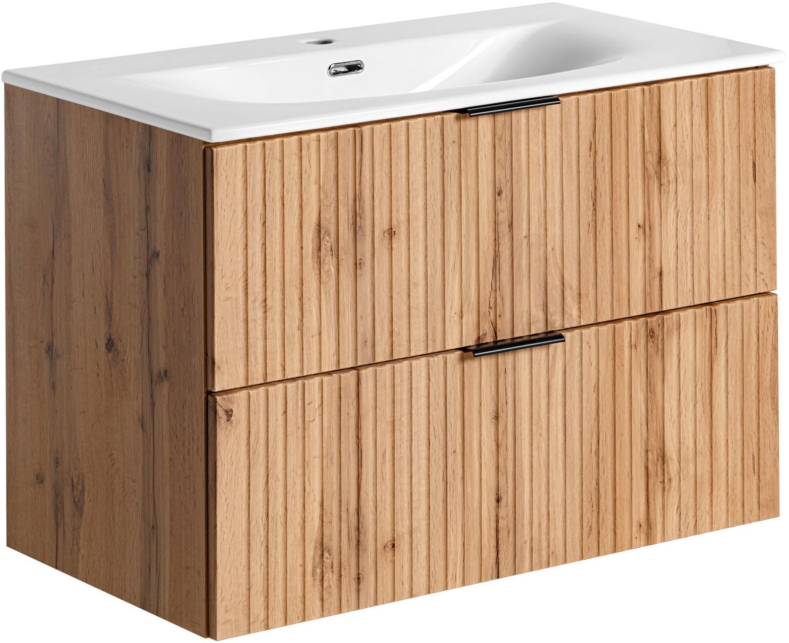 WASCHTISCHKOMBI Niva hängend geriffelt in Eiche Hell Braun 81/59/46 cm - Eiche Wotan/Multicolor, Holzwerkstoff/Kunststoff (81/58.5/46cm) - WFL GROUP