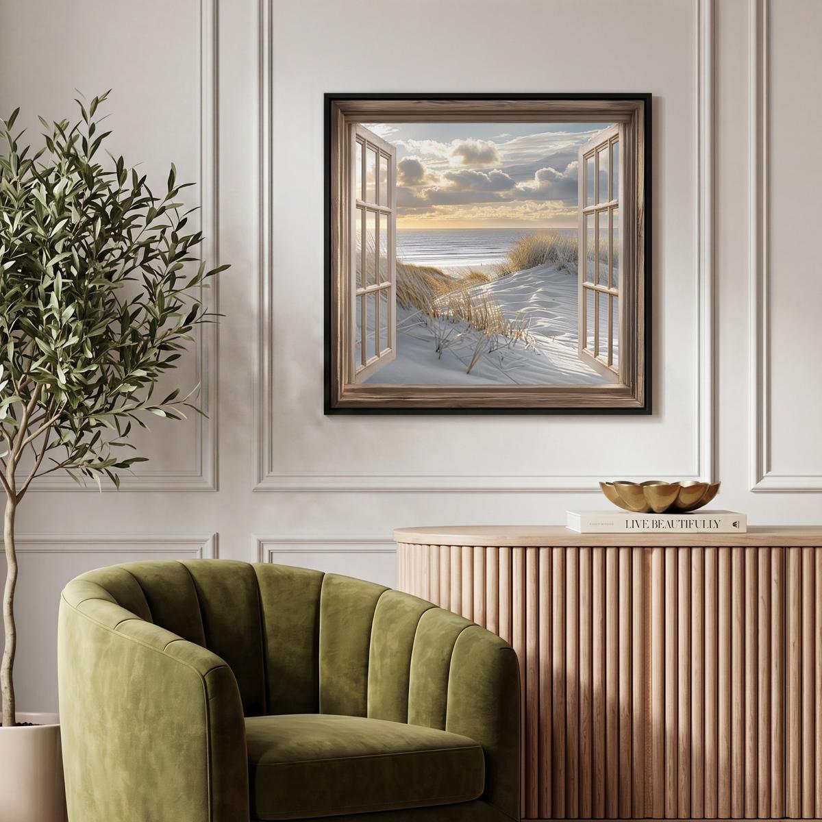 LEINWAND Bilder mit Rahmen - Ausblick - Strand - Dünen - Meer - Natur - 50x50 - Sandfarben, Textil (50/50cm) - MuchoWow