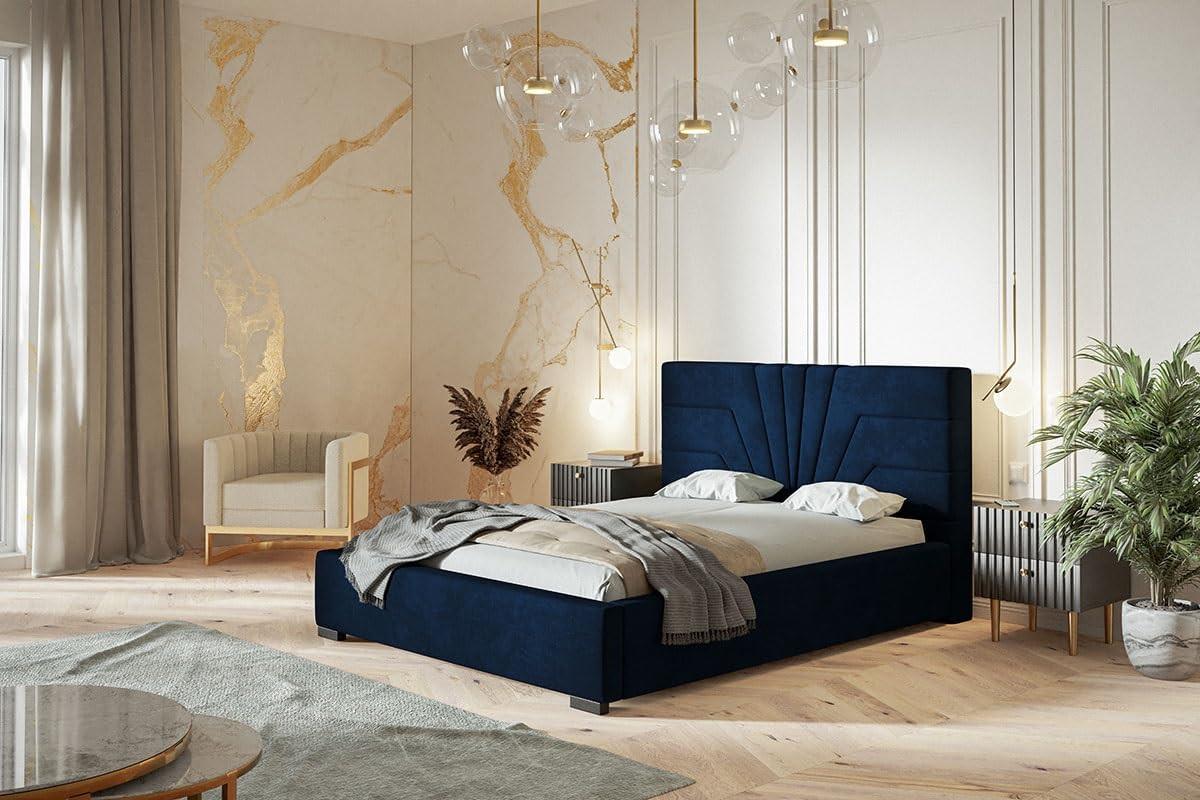 POLSTERBETT Athene mit Kopfteil, 140x200 cm, Doppelbett mit Bettkasten und Lattenrost aus Holz, Velourstoff Dunkelblau - Dunkelblau, Holz/Textil (140/200cm) - Alpi-Möbel