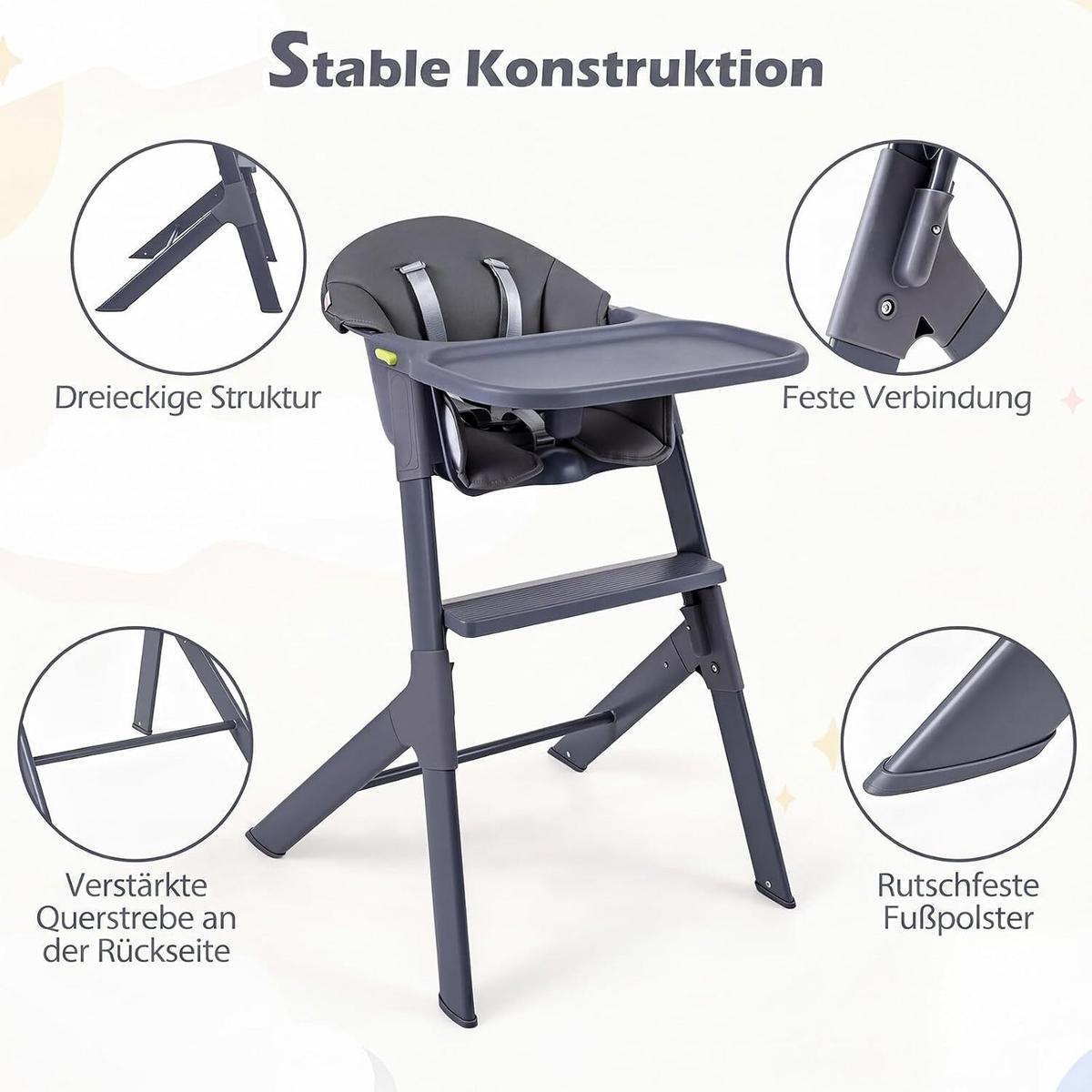 KINDERHOCHSTUHL mit verstellbarem Tablett grau - Grau, Metall (66/90/55cm) - COSTWAY