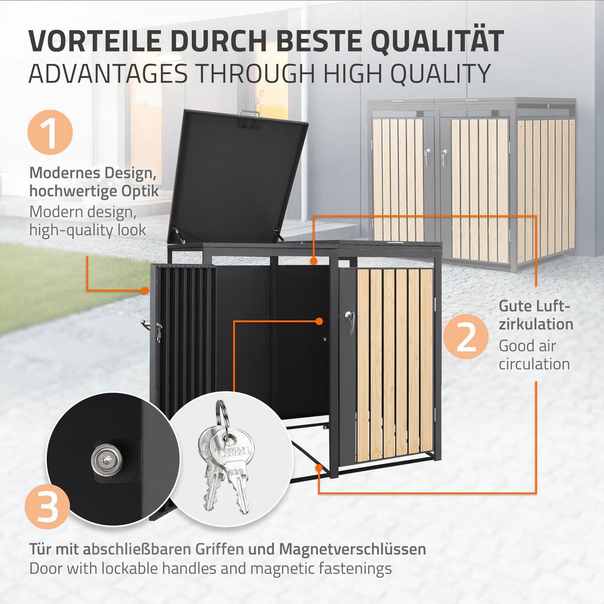 MÜLLTONNENBOX 4er Anthrazit-Holzoptik - Naturfarben, Metall (264/120/80cm) - ML-DESIGN