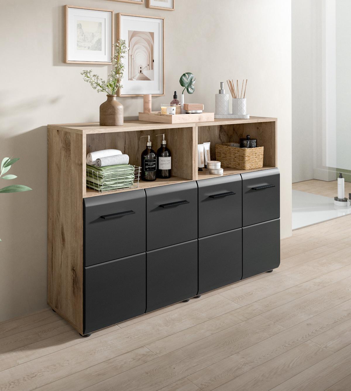 MIDISCHRANK Set Schwarz matt und Eiche, 2x Bad Kommode, gesamt 120 x 80 cm - Eichefarben/Schwarz, Holzwerkstoff/Kunststoff (120/80/30cm) - Inn.Furn