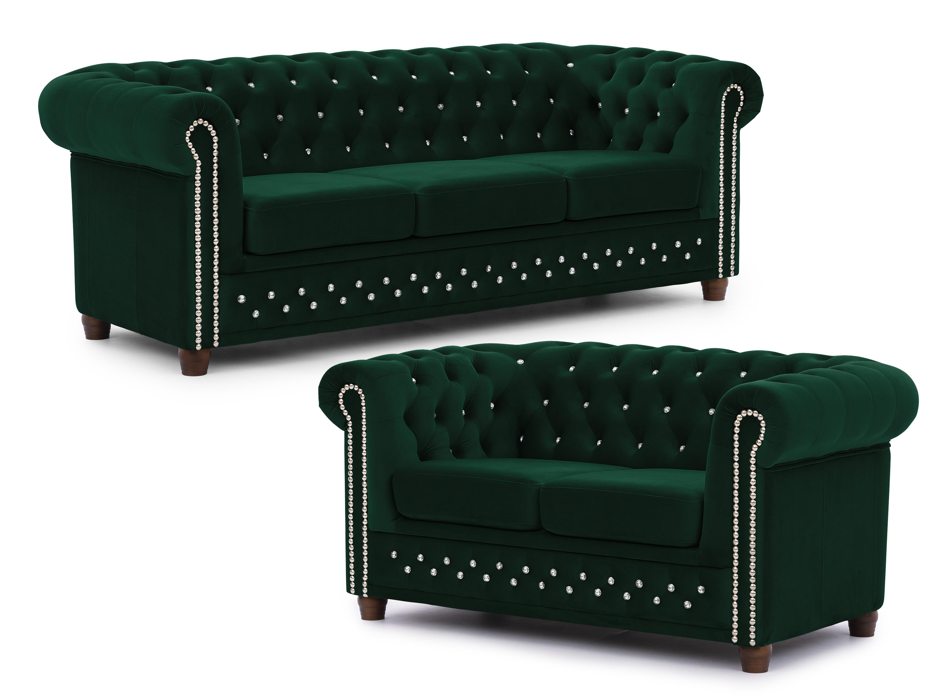 SITZGARNITUR 3+2 Chesterfield Cleo Blink Flasche Grün Samt mit Kristallsteppung und braunen Massivholzfüßen - Braun/Grün, Holz/Textil (203/72/86cm) - S-Style Möbel