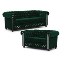 SITZGARNITUR 3+2 Chesterfield Cleo Blink Flasche Grün Samt mit Kristallsteppung und braunen Massivholzfüßen - Braun/Grün, Holz/Textil (203/72/86cm) - S-Style Möbel