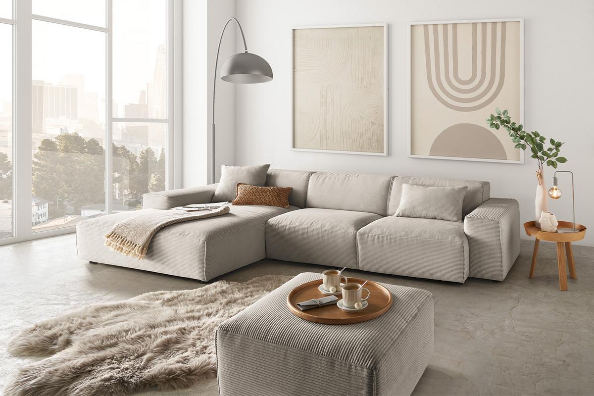 ECKSOFA RANI Steingrau Cord - Greige/Schwarz, Kunststoff/Textil (299/189cm) - KAWOLA