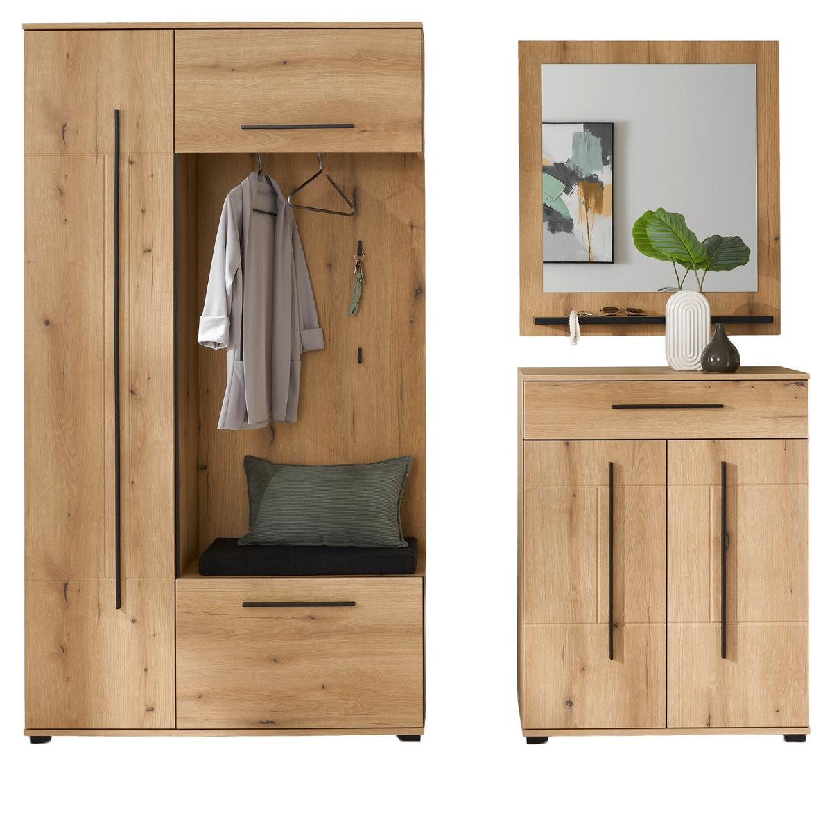 GARDEROBEN-SET Evoke Eiche 4-teilig 200 cm, Flurgarderobe mit viel Stauraum - Dunkelgrau/Eichefarben, Glas/Holzwerkstoff (201/200/39cm) - Furn.Design