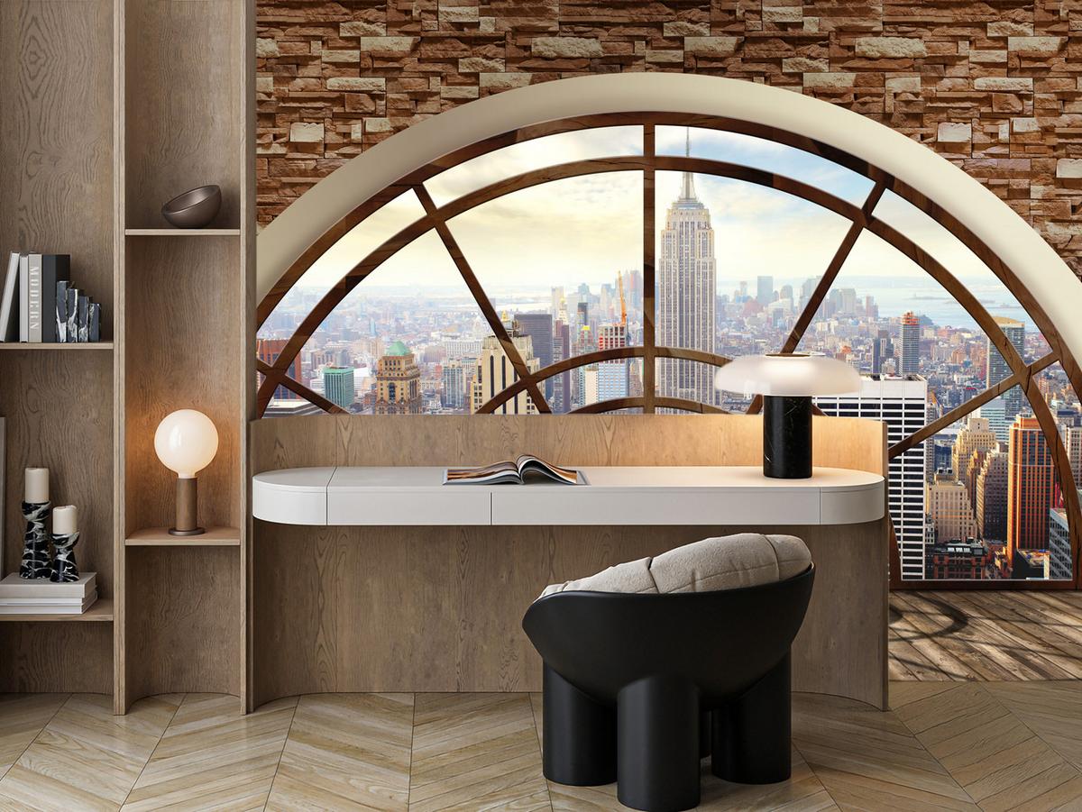FOTOTAPETE für Wohnzimmer New York Fensterblick Panorama Stadt 150x105 - Beige/Braun, Papier (150/105cm) - Muralo