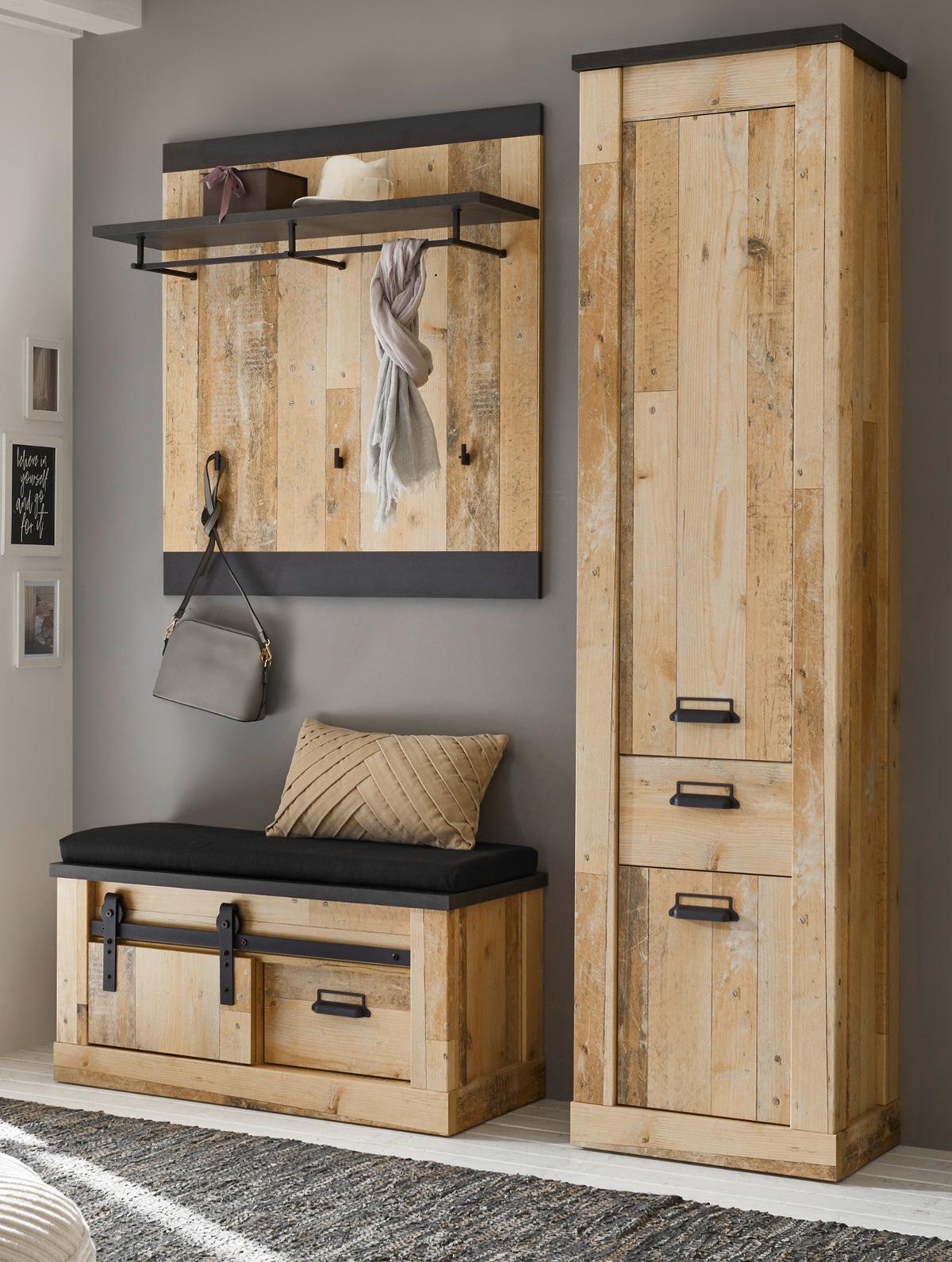 GARDEROBE Set 4-tlg. Used Wood Vintage 164 x 200 cm, mit Schiebetür und Soft-Close - Anthrazit/Schwarz, Holzwerkstoff/Metall (164/201/43cm) - Furn.Design