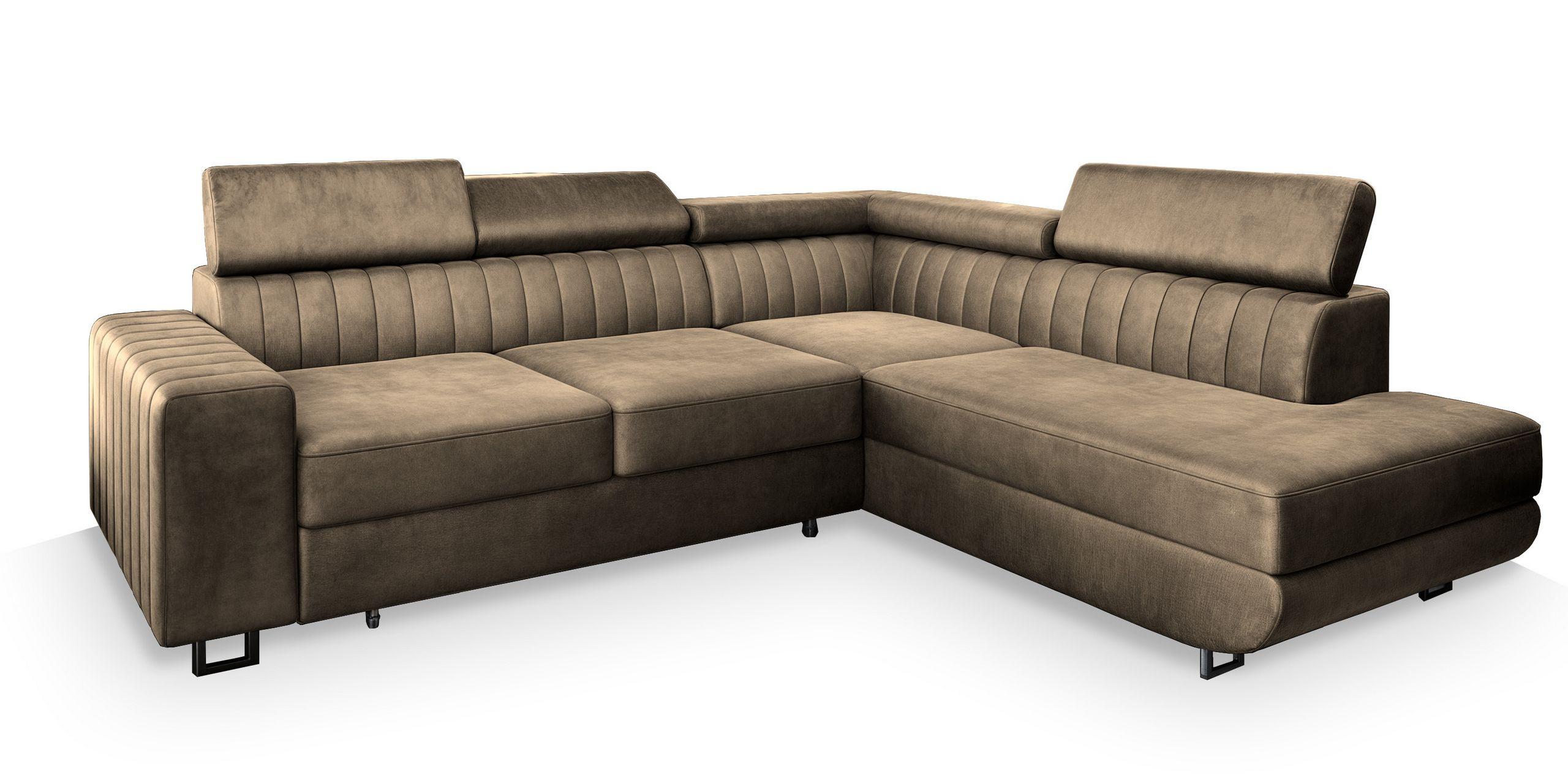 ECKSOFA NOLA R-S Beige Velours-Stoff mit Schlaffunktion - Beige/Silberfarben, Holz/Textil (253/190cm) - MASSENO