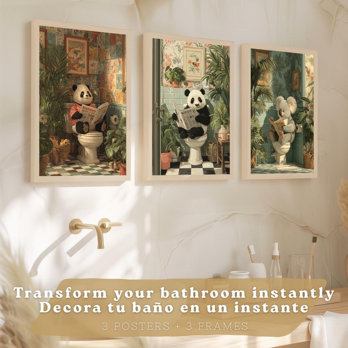 POSTER 3er-Set lustige Badezimmer-Drucke, Panda- und Koala-Tiermotive für Toilette, witziges für Toilette, Vintage-Botanik-Stil Leichter Holzrahmen A4 - Beige, Papier (29.7/21/3cm) - Nacnic