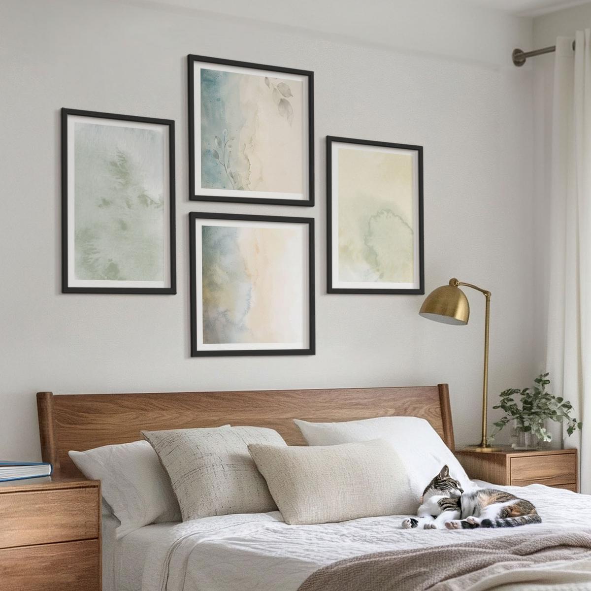 BILDER SET 4er Set - 50x50 cm & 40x60 cm Schwarzer Rahmen - Pastellfarbene Aquarell-Leinwandtextur - Schwarz, Kunststoff (50/50cm) - TULUP
