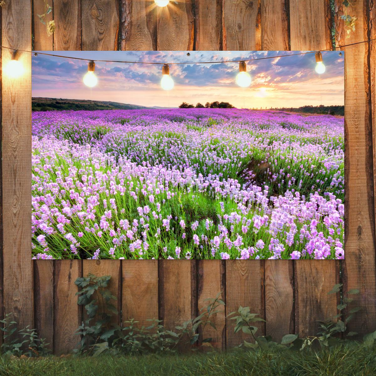 GARTENPOSTER Blumen - Lavendel - Lila - Himmel - Sonnenuntergang - Wiese - Natur Poster für draußen 180x120 cm - Flieder, Kunststoff (180/120/0.2cm) - OnlyWow