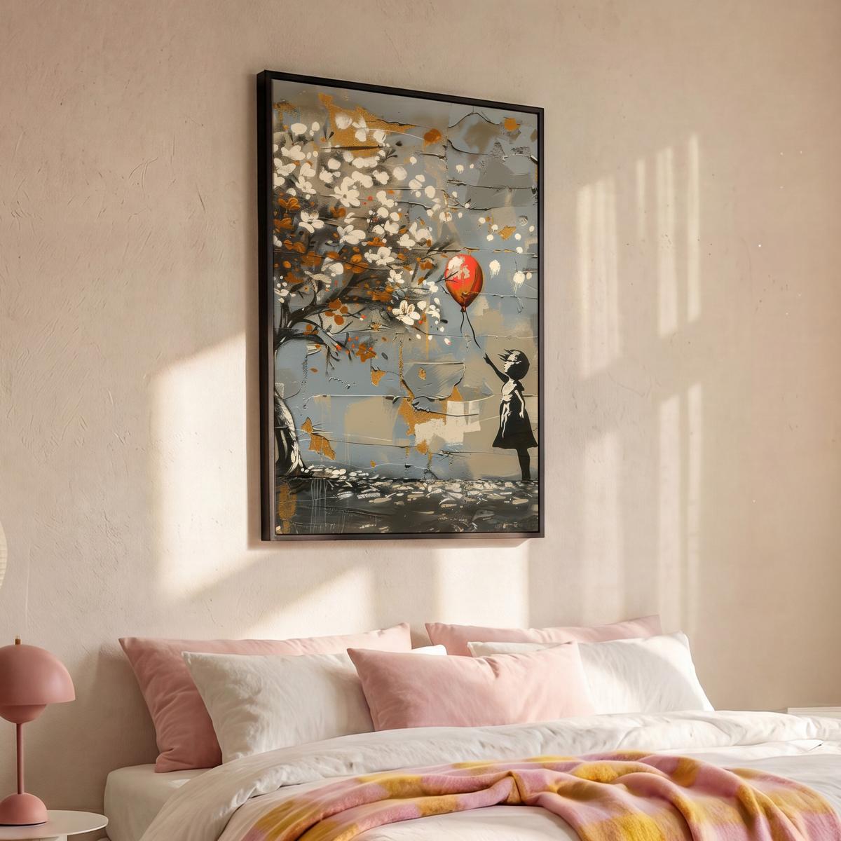 LEINWAND Bilder mit Rahmen - Baum - Graffiti - Banksy-Stil - Ballon-Mädchen - 80x120 - Blaugrau, Textil (80/120cm) - MuchoWow