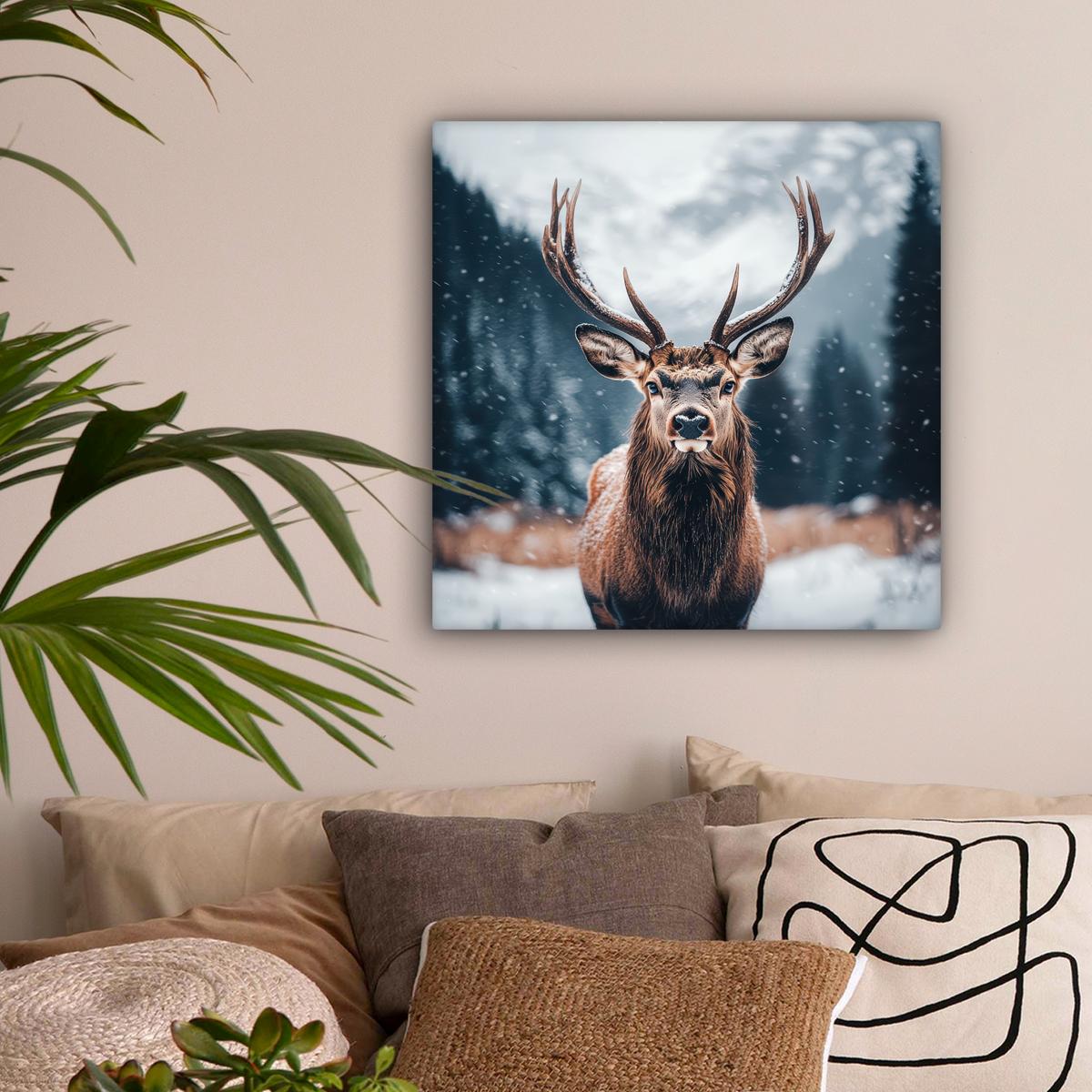 LEINWANDBILD Hirsche - Tiere - Landschaft - Winter - Schnee Wandbild Wohnzimmer 50x50 cm - Kastanienfarben, Textil (50/50cm) - MuchoWow
