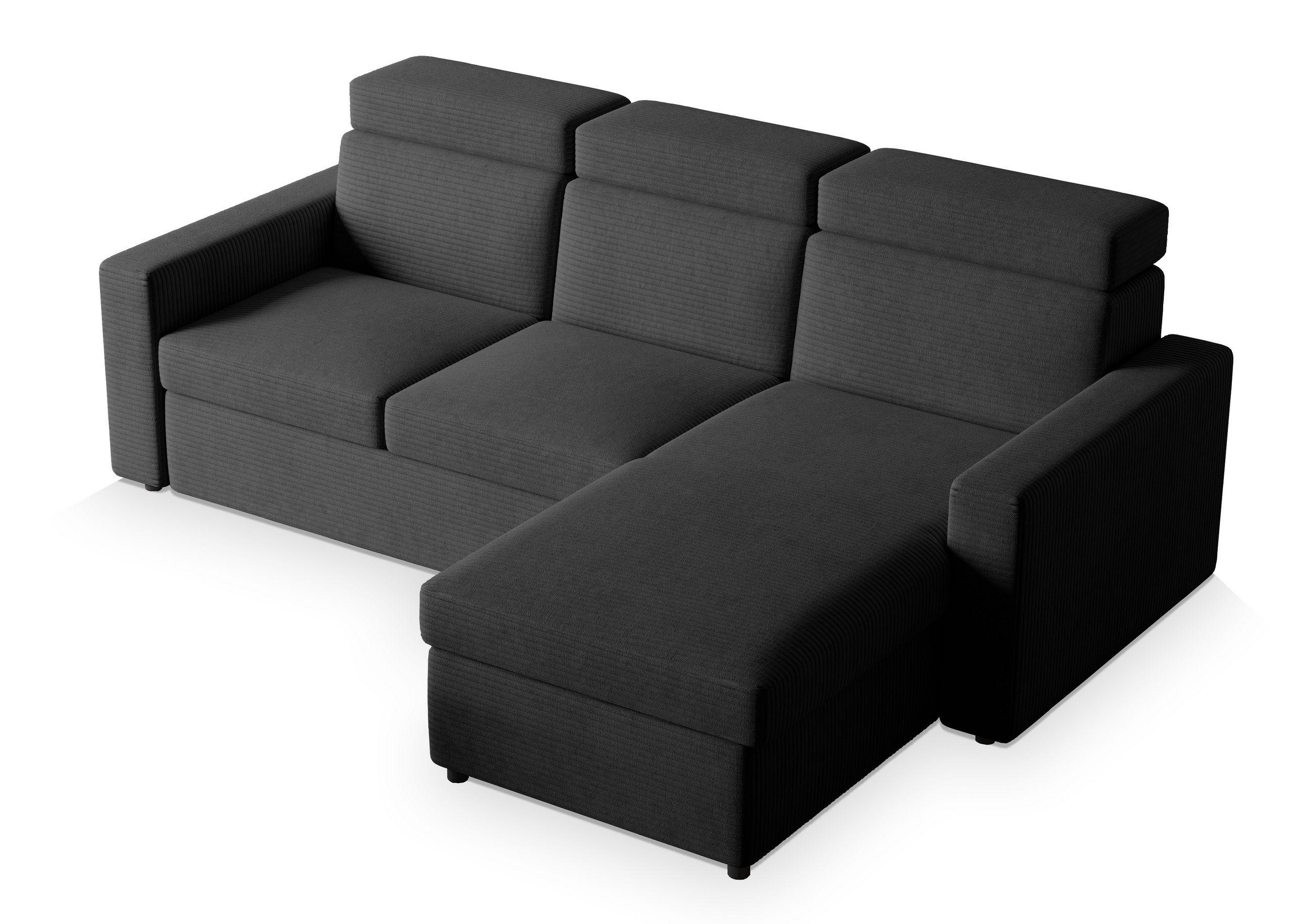 ECKSOFA PADWA Graphitfarben Kordstoff mit Schlaffunktion - Graphitfarben/Schwarz, Holz/Kunststoff (227/168cm) - MASSENO