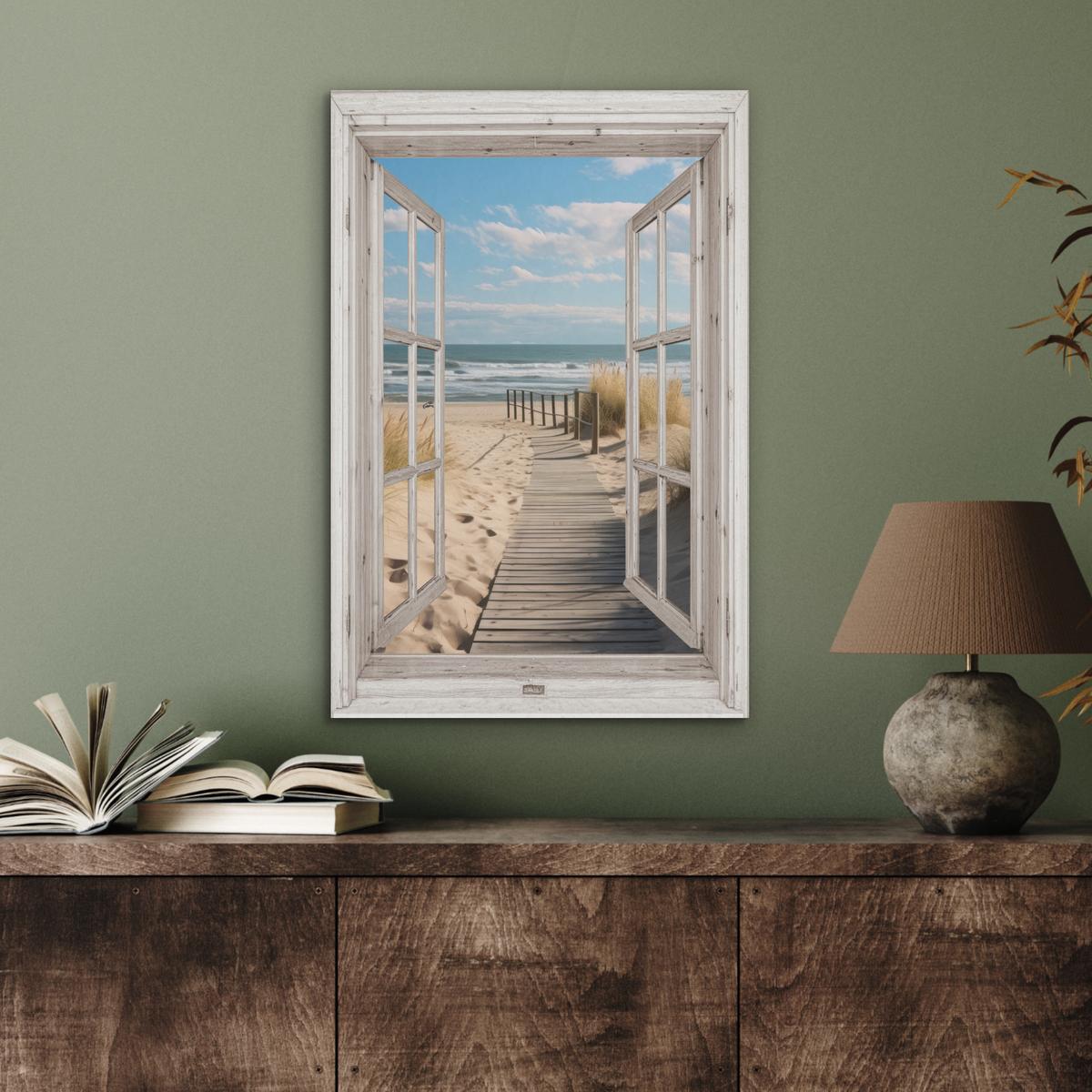 AKUSTIKBILD Fenster - Meer - Küste - Natur - Ausblick - Strand - Wattenmeer Kunstdruck Schlafzimmer 50x70 cm - Beige, Kunststoff (50/70/0.9cm) - MuchoWow