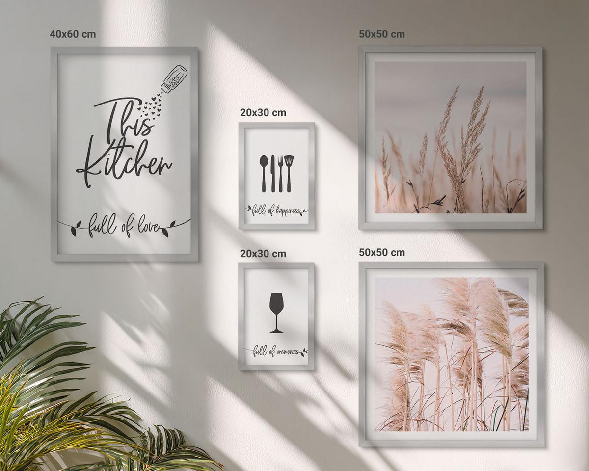 BILDER SET 5er Set - 50x50 cm & 20x30 cm & 40x60 cm Silberner Rahmen - Abstrakte Blattmalerei - Silberfarben, Kunststoff (40/60cm) - TULUP