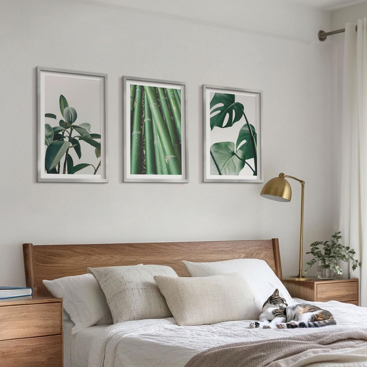 BILDER SET 3er Set - 40x60 cm Silberner Rahmen - Bambusstängel und Monstera-Blätter - Silberfarben, Kunststoff (40/60cm) - TULUP