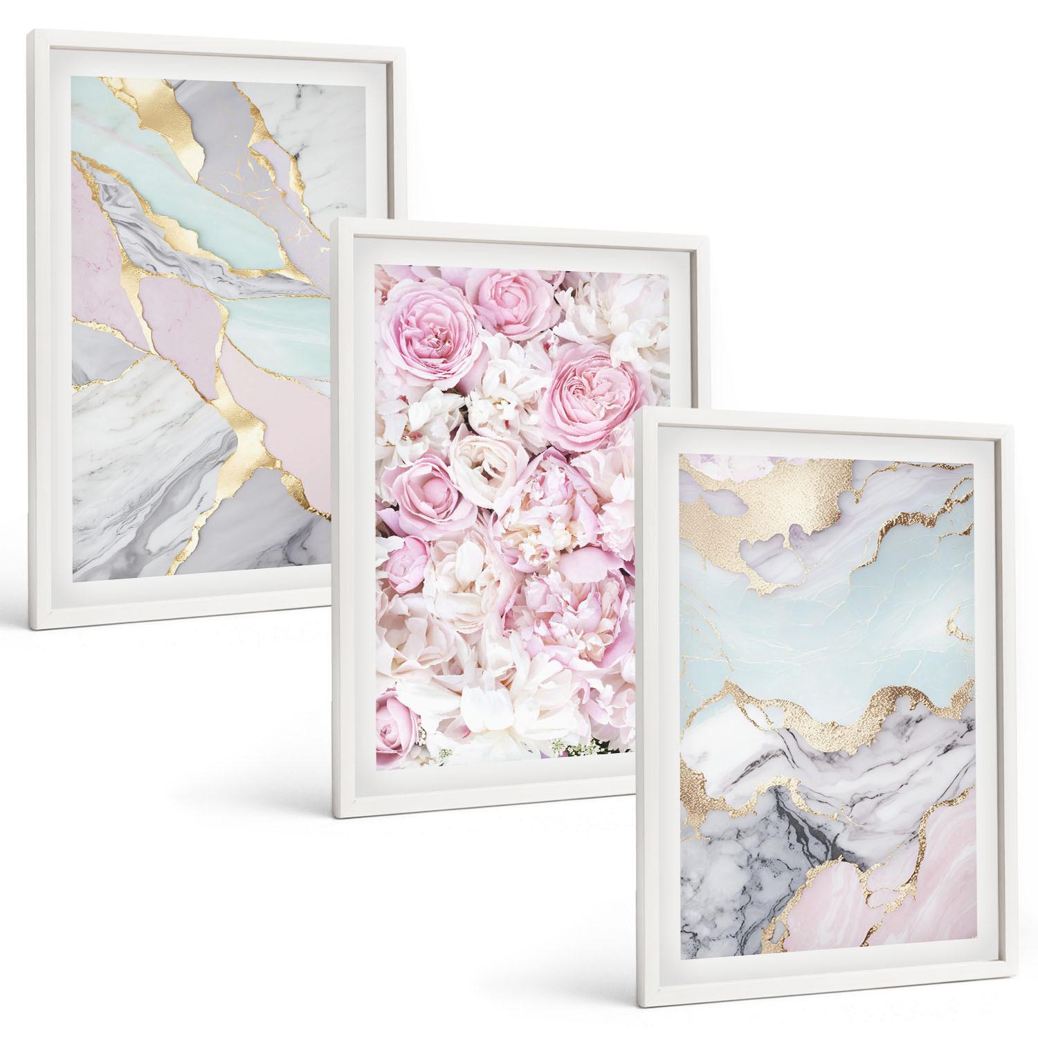 BILDER SET 3er Set - 40x60 cm Weißer Rahmen - Rosa Blumen Marmor Pastell - Weiß, Kunststoff (40/60cm) - TULUP