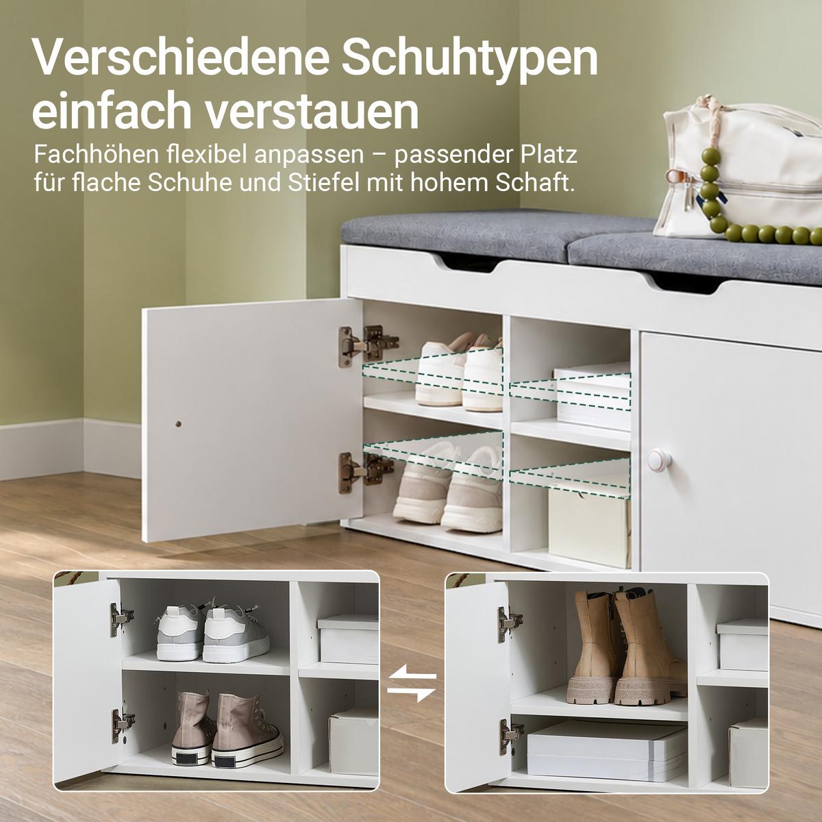 SCHUHBANK Weiß, , 100 cm breit, 2 Türen mit verstellbaren Einlegeböden, offenes Mittelfach, Sitzpolster in Grau - Weiß, Holzwerkstoff (100/48/34cm) - SoBuy